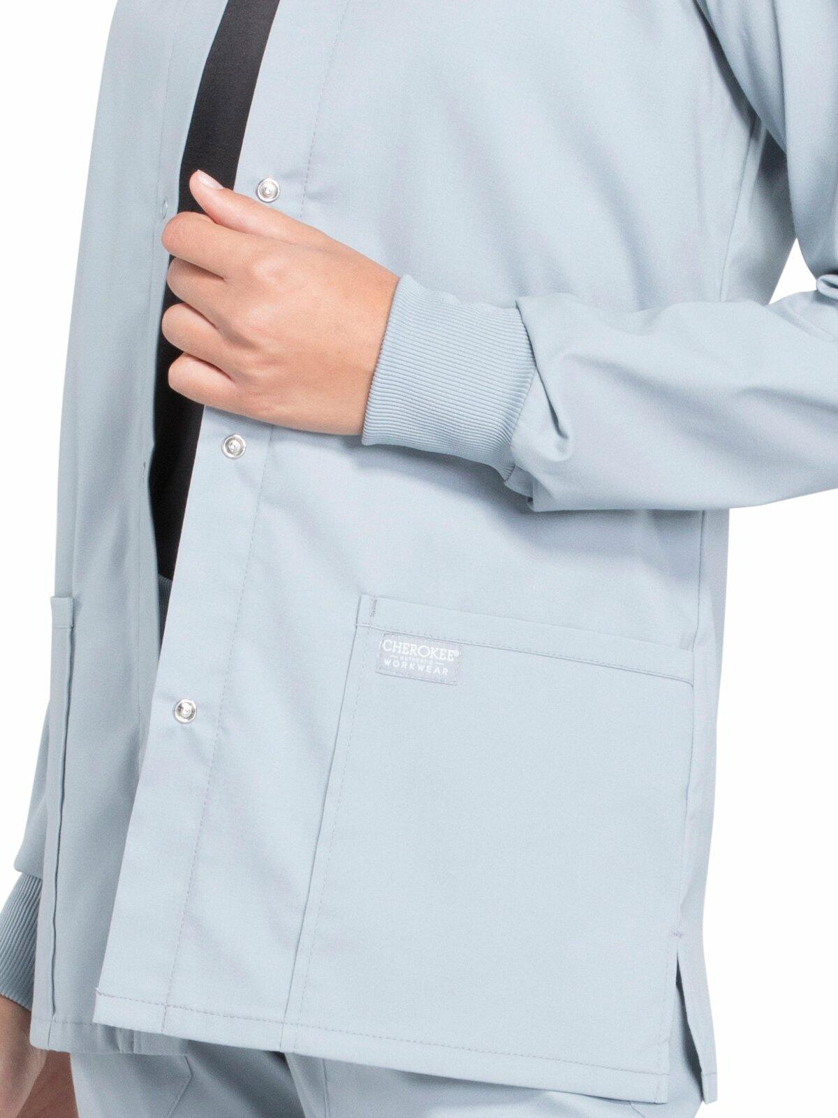 Cherokee Scrub for Women Snap Front Jacket with 3 Pockets, Fade Resistant, 2-Way Stretch, Soft & Durable Fabric - WW340, M, Grey