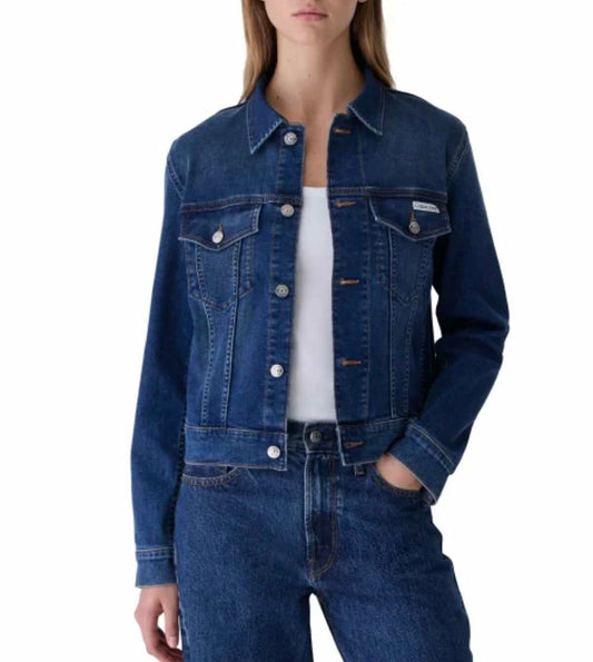 Calvin Klein Women's Long Sleeve Button Up Denim Classic Trucker Jacket (US, Alpha, X-Large, Regular, Regular, Storm Blue (Medium/Dark Denim))