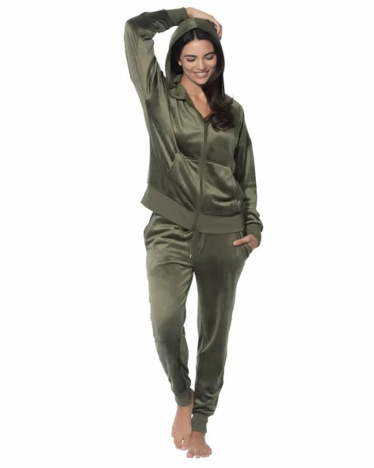 Felina Women's 2 Piece Velour Track Suit, Hoodie and Jogger Lounge Set (US, Alpha, Large, Regular, Regular, Deep Olive (Green))