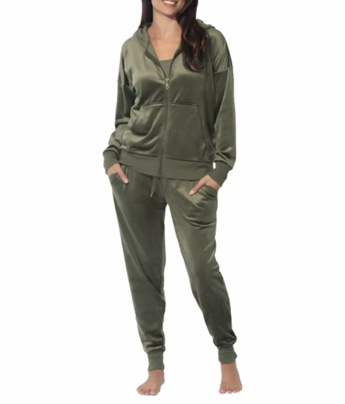 Felina Women's 2 Piece Velour Track Suit, Hoodie and Jogger Lounge Set (US, Alpha, Large, Regular, Regular, Deep Olive (Green))