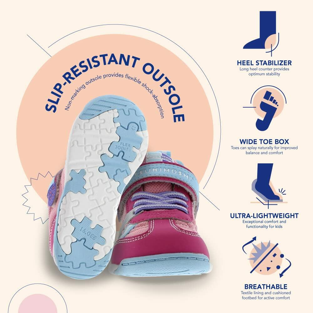 TSUKIHOSHI KAZ Kids Shoes - Strap-Closure Machine-Washable Kids and Toddler Shoes with Wide Toe Box & Slip-Resistant, Non-Marking Outsoles, Fuchsia/Light Blue - 7.5 Toddler (1-4 Years)