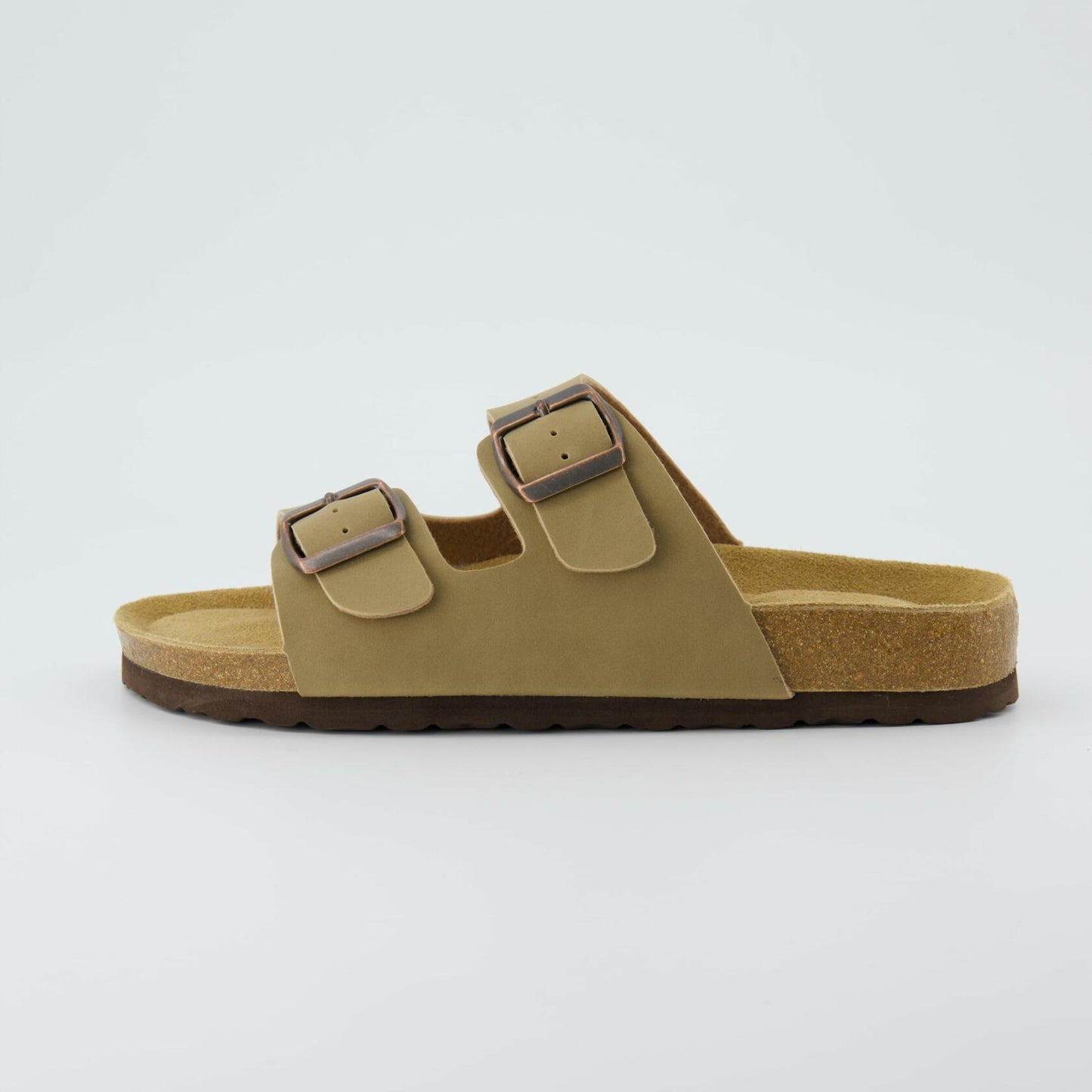 CUSHIONAIRE Lane Cork Footbed Sandals for Women – Comfortable Double Buckle Slip-On with Genuine Suede Footbed & Arch Support Slides for Women Footwear, TAUPE 10