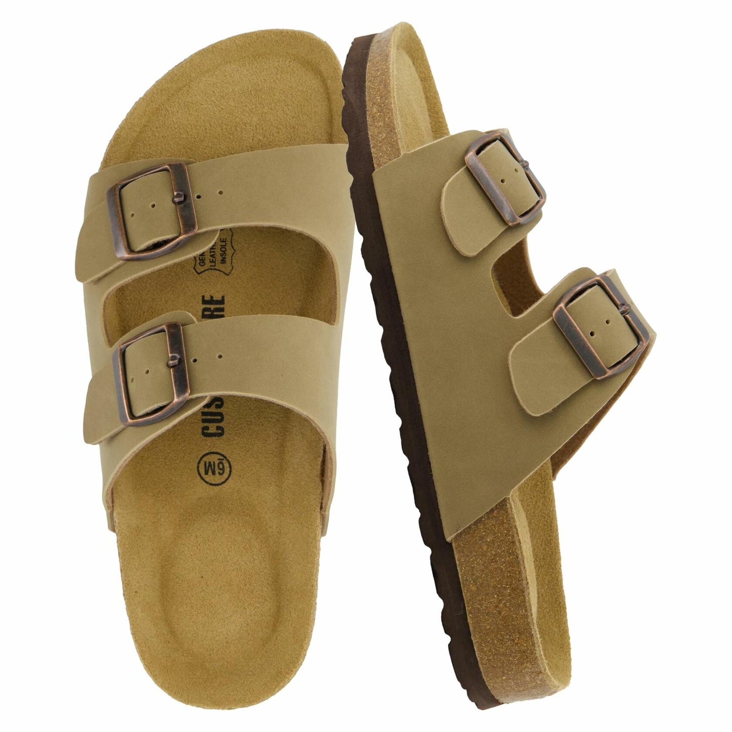 CUSHIONAIRE Lane Cork Footbed Sandals for Women – Comfortable Double Buckle Slip-On with Genuine Suede Footbed & Arch Support Slides for Women Footwear, TAUPE 10