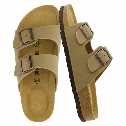 CUSHIONAIRE Lane Cork Footbed Sandals for Women – Comfortable Double Buckle Slip-On with Genuine Suede Footbed & Arch Support Slides for Women Footwear, TAUPE 10