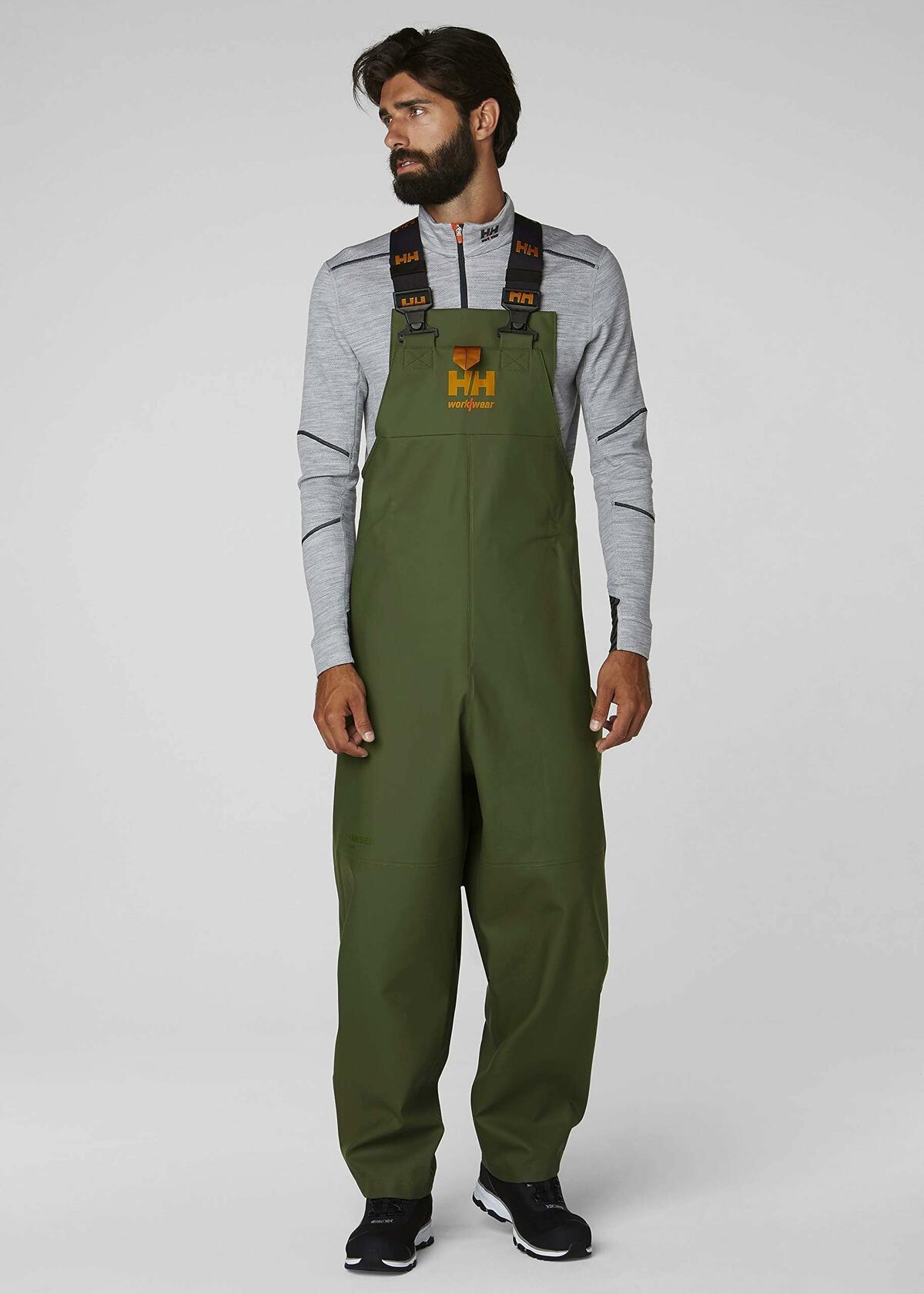 Helly-Hansen Workwear Storm Waterproof Bib Pants for Men - Breathable & PVC-Coated Waterproof Bibs - Work Overalls for Men - 480 Army Green - X-Large