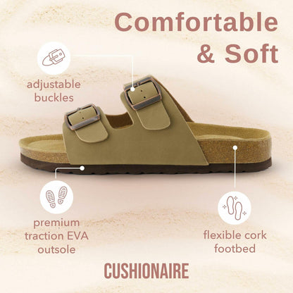 CUSHIONAIRE Lane Cork Footbed Sandals for Women – Comfortable Double Buckle Slip-On with Genuine Suede Footbed & Arch Support Slides for Women Footwear, TAUPE 10