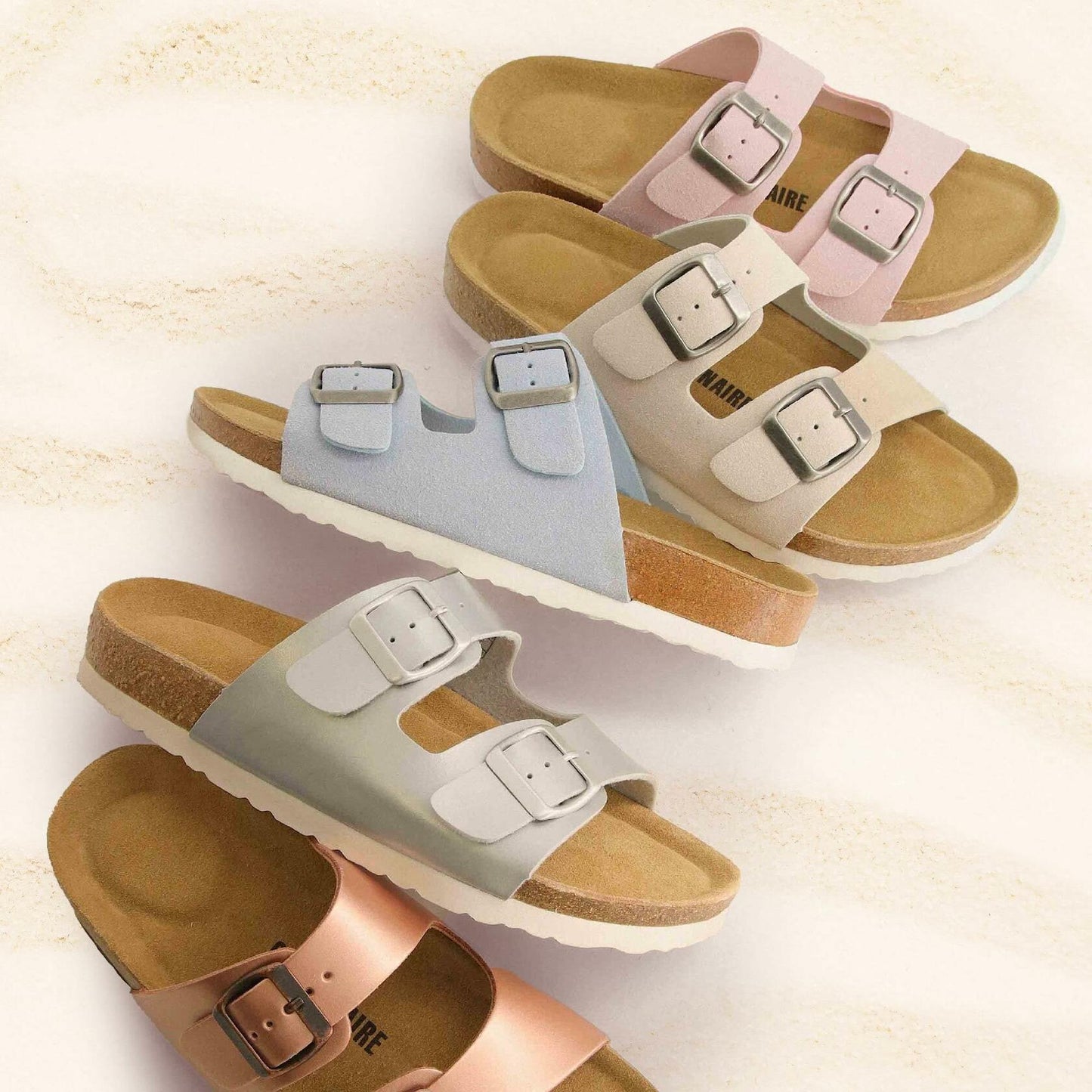CUSHIONAIRE Lane Cork Footbed Sandals for Women – Comfortable Double Buckle Slip-On with Genuine Suede Footbed & Arch Support Slides for Women Footwear, TAUPE 10