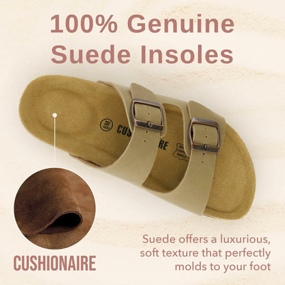 CUSHIONAIRE Lane Cork Footbed Sandals for Women – Comfortable Double Buckle Slip-On with Genuine Suede Footbed & Arch Support Slides for Women Footwear, TAUPE 10