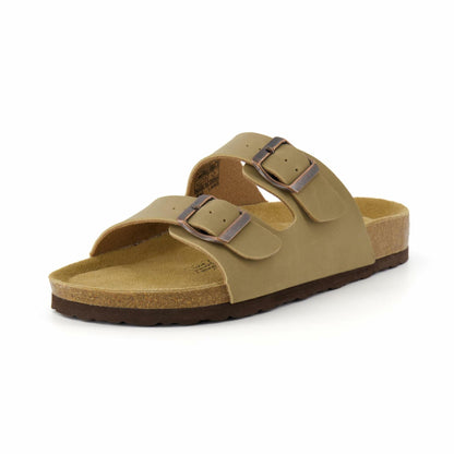 CUSHIONAIRE Lane Cork Footbed Sandals for Women – Comfortable Double Buckle Slip-On with Genuine Suede Footbed & Arch Support Slides for Women Footwear, TAUPE 10