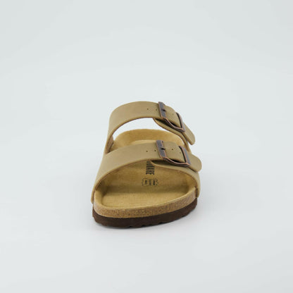 CUSHIONAIRE Lane Cork Footbed Sandals for Women – Comfortable Double Buckle Slip-On with Genuine Suede Footbed & Arch Support Slides for Women Footwear, TAUPE 10