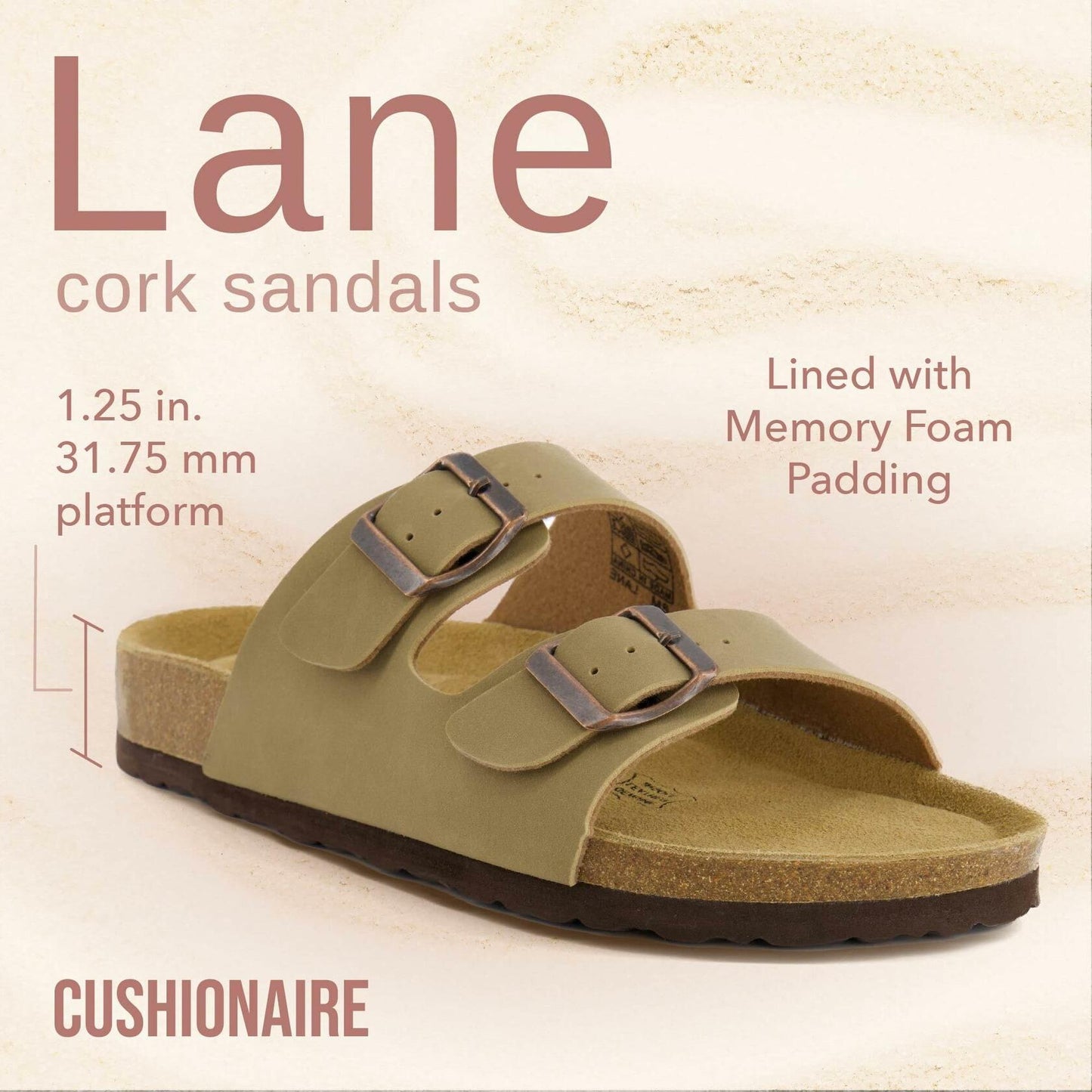 CUSHIONAIRE Lane Cork Footbed Sandals for Women – Comfortable Double Buckle Slip-On with Genuine Suede Footbed & Arch Support Slides for Women Footwear, TAUPE 10