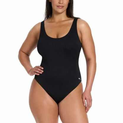 PUMA Women’s Ribbed One Piece Swimsuit – Scoop Neck Stretch Swimwear with UPF 50+ Protection (Black, M)