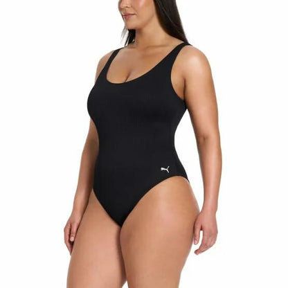 PUMA Women’s Ribbed One Piece Swimsuit – Scoop Neck Stretch Swimwear with UPF 50+ Protection (Black, XL)