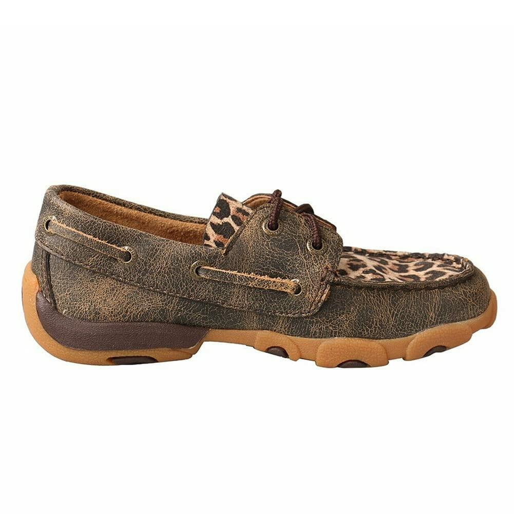 Twisted X Kid's Boat Shoe Driving Moc, Moc Toe, Distressed & Leopard, 2.5 M