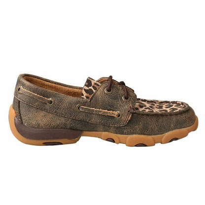 Twisted X Kid's Boat Shoe Driving Moc, Moc Toe, Distressed & Leopard, 2.5 M
