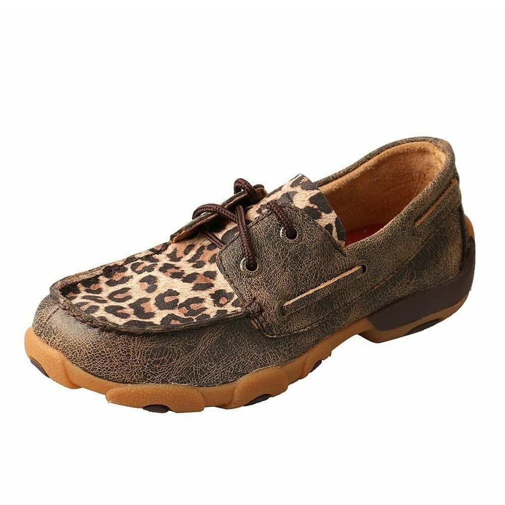 Twisted X Kid's Boat Shoe Driving Moc, Moc Toe, Distressed & Leopard, 2.5 M