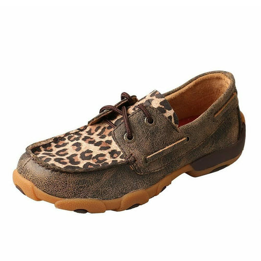 Twisted X Kid's Boat Shoe Driving Moc, Moc Toe, Distressed & Leopard, 2.5 M
