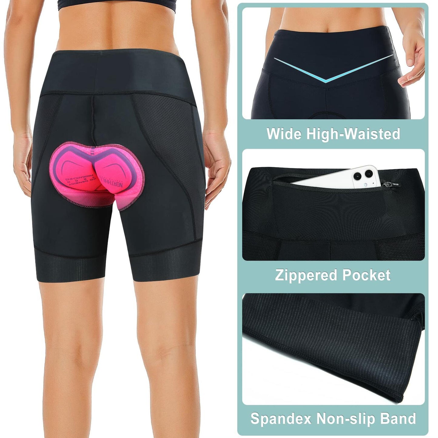 NORTHHILL Women's Padded Bike Shorts Biking Cycling Shorts High Waisted Bicycle Mountain Bike with Riding 4D Liner Gel Padding Pockets Spin UPF50+ BLACK L