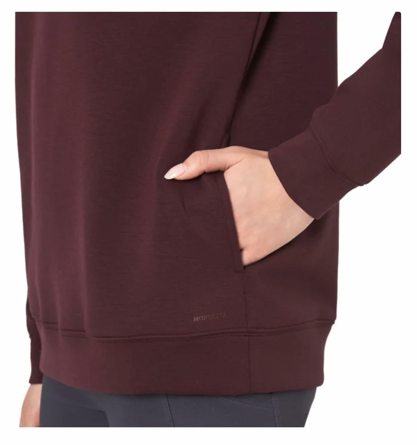 Mondetta Women's Cozy Fleece Active Crewneck Pullover Sweatshirt with Pockets (US, Alpha, Medium, Regular, Regular, Dark Red)
