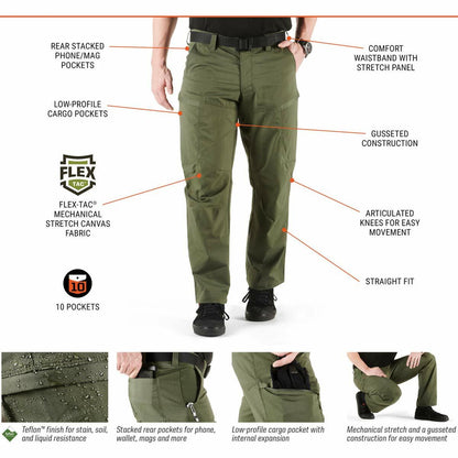 5.11 Tactical Men's Apex Cargo Work Pants, Flex-Tac Stretch Fabric, Gusseted, Water Resistant Finish, TDU Green, Men's Size 34W x 34L