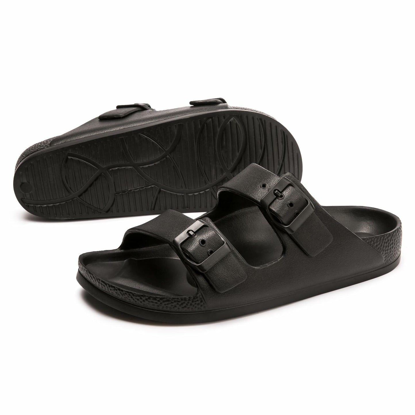 FUNKYMONKEY Women's Comfort Slides, Adjustable Double Buckle 10 M Black