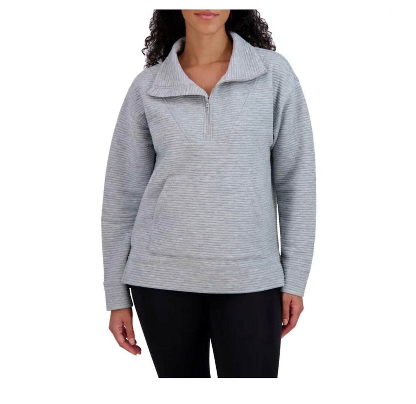 KIRKLAND Signature Women's Ottoman Half-Zip Ribbed Sweatshirt with Kangaroo Pocket (US, Alpha, Large, Regular, Regular, Gray)