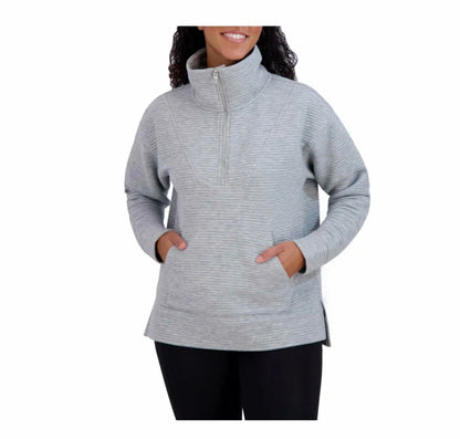 KIRKLAND Signature Women's Ottoman Half-Zip Ribbed Sweatshirt with Kangaroo Pocket (US, Alpha, Large, Regular, Regular, Gray)