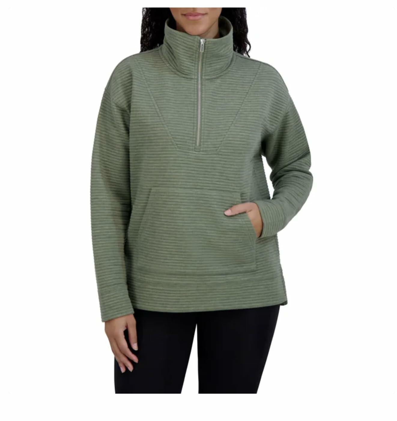 KIRKLAND Signature Women's Ottoman Half-Zip Ribbed Sweatshirt with Kangaroo Pocket (US, Alpha, Large, Regular, Regular, Green)