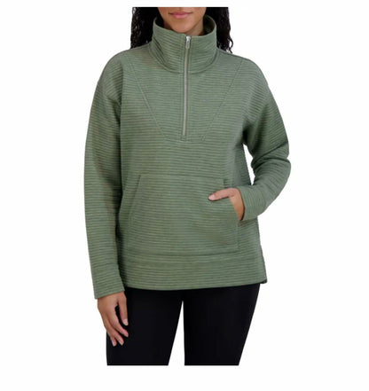 KIRKLAND Signature Women's Ottoman Half-Zip Ribbed Sweatshirt with Kangaroo Pocket (US, Alpha, Large, Regular, Regular, Green)