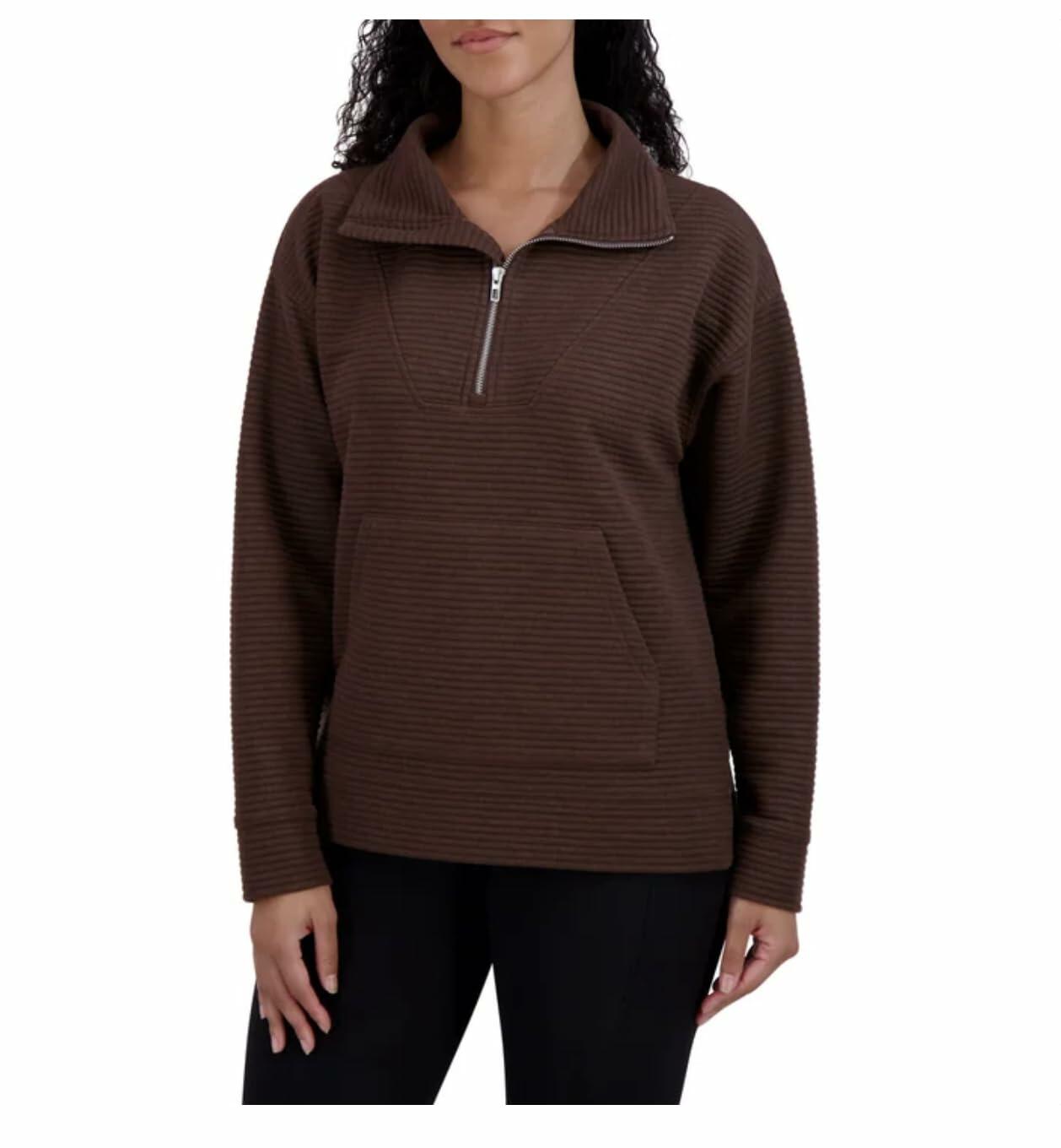 KIRKLAND Signature Women's Ottoman Half-Zip Ribbed Sweatshirt with Kangaroo Pocket (US, Alpha, Medium, Regular, Regular, Brown)