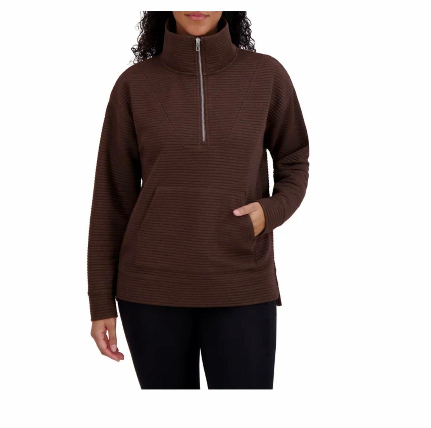 KIRKLAND Signature Women's Ottoman Half-Zip Ribbed Sweatshirt with Kangaroo Pocket (US, Alpha, Medium, Regular, Regular, Brown)