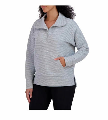 KIRKLAND Signature Women's Ottoman Half-Zip Ribbed Sweatshirt with Kangaroo Pocket (US, Alpha, Large, Regular, Regular, Gray)