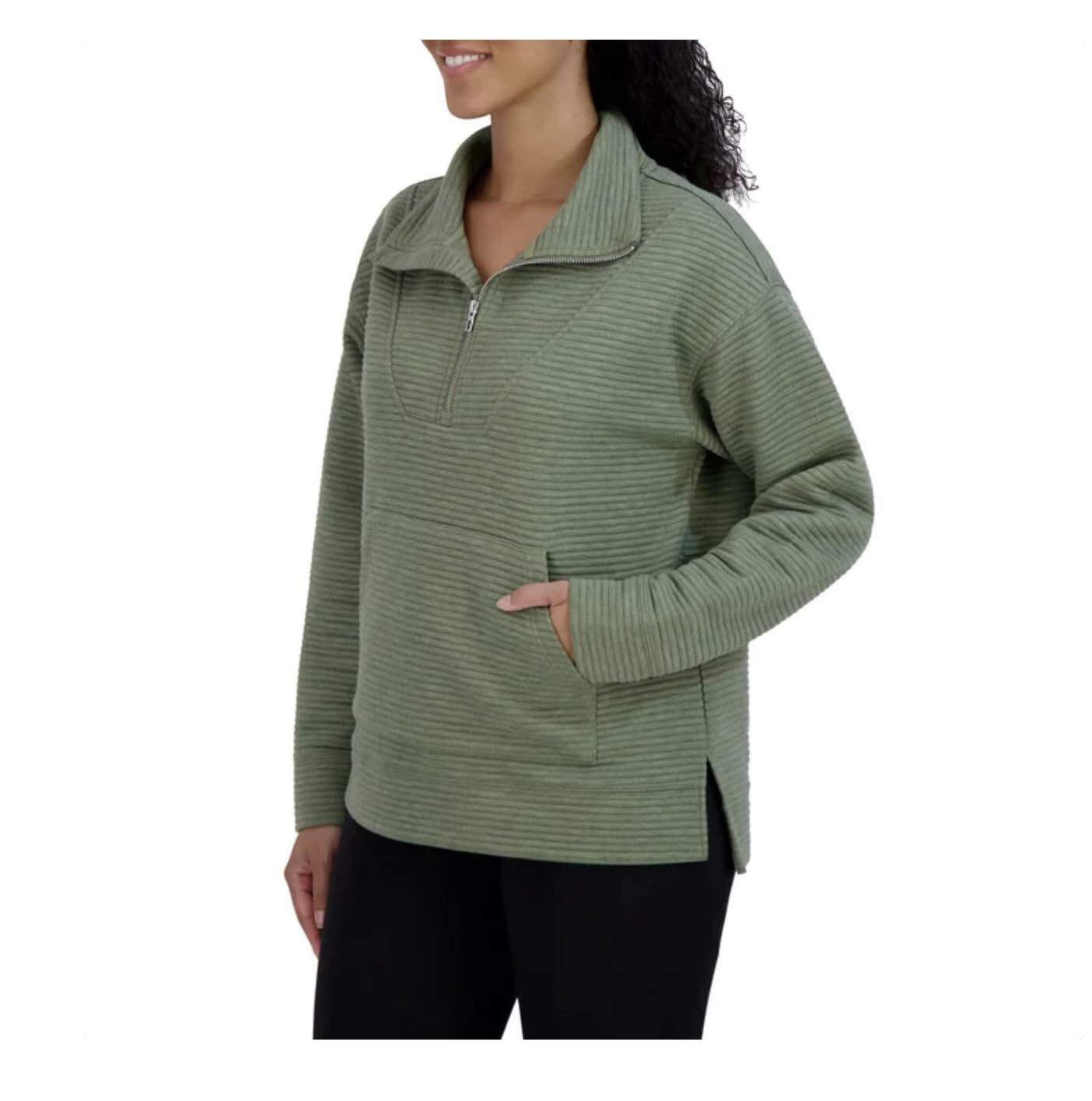 KIRKLAND Signature Women's Ottoman Half-Zip Ribbed Sweatshirt with Kangaroo Pocket (US, Alpha, Large, Regular, Regular, Green)
