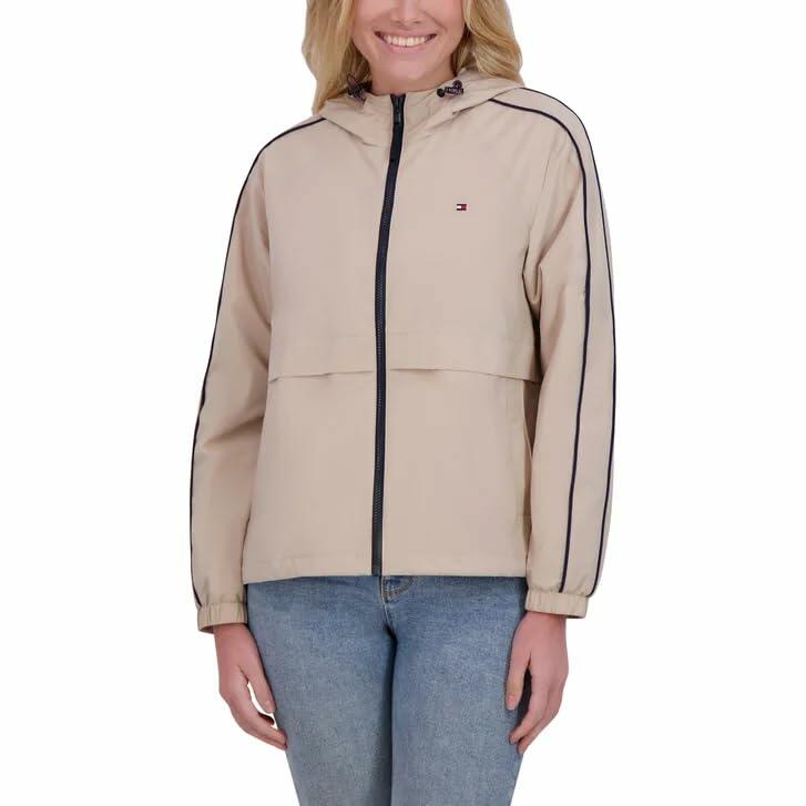 Tommy Hilfiger Women’s Windbreaker Jacket, Lightweight Hooded (Brown, XX-Large)