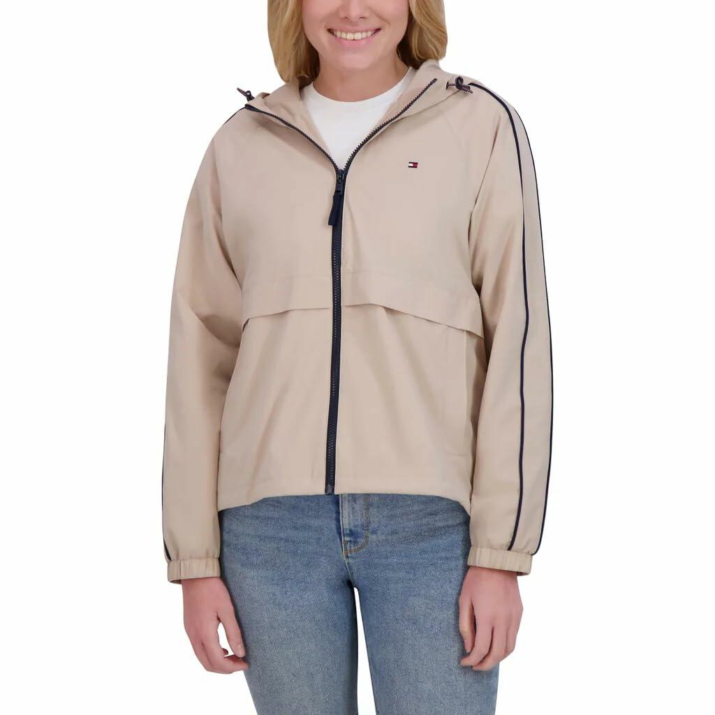 Tommy Hilfiger Women’s Windbreaker Jacket, Lightweight Hooded (Brown, XX-Large)