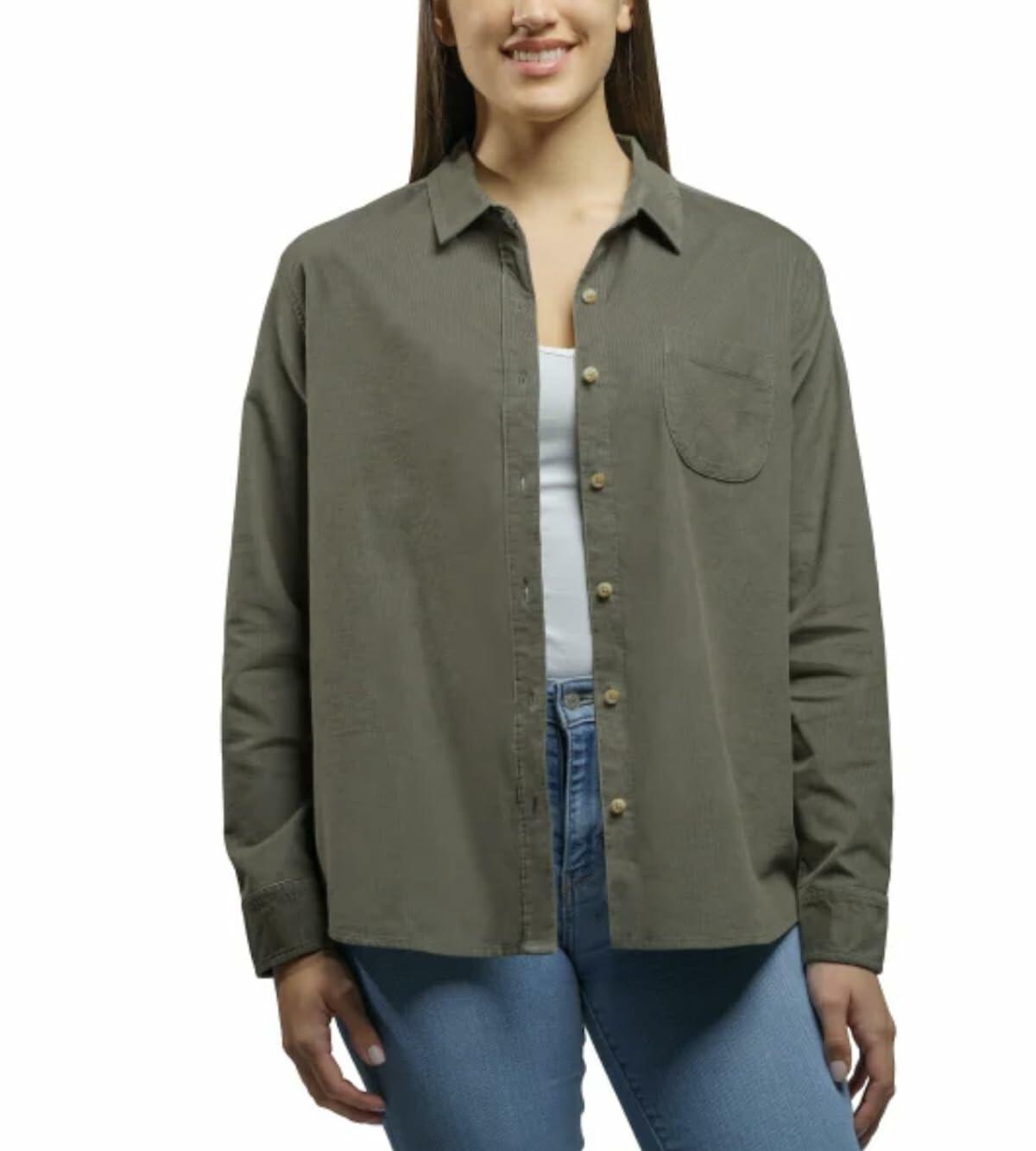 Jachs Girlfriend New York Women's Long Sleeve Mini Corduroy Button Up Shirt (US, Alpha, Medium, Regular, Regular, Green)
