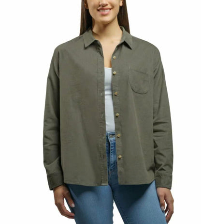 Jachs Girlfriend New York Women's Long Sleeve Mini Corduroy Button Up Shirt (US, Alpha, Small, Regular, Regular, Green)