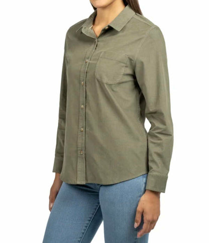 Jachs Girlfriend New York Women's Long Sleeve Mini Corduroy Button Up Shirt (US, Alpha, Medium, Regular, Regular, Green)