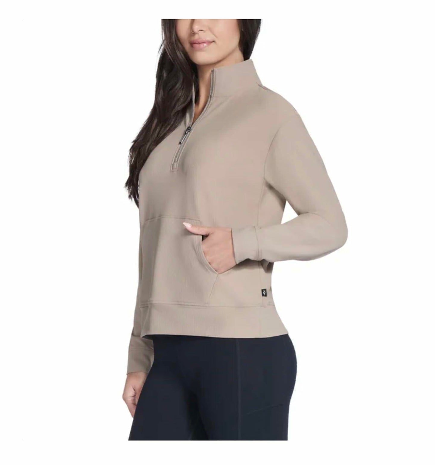 Skechers Women's Stretch Ribbed Quarter Zip Pullover with Kangaroo Pocket (US, Alpha, X-Large, Regular, Regular, Tan)