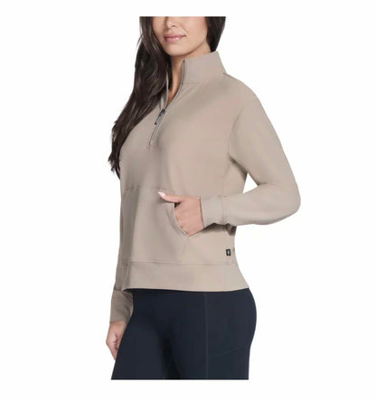 Skechers Women's Stretch Ribbed Quarter Zip Pullover with Kangaroo Pocket (US, Alpha, X-Large, Regular, Regular, Tan)