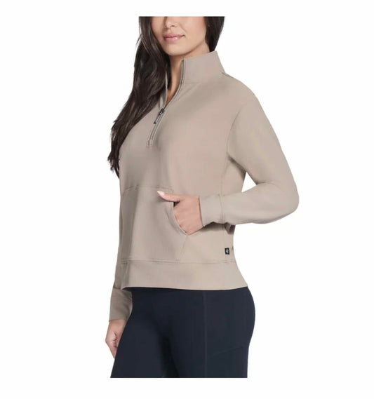 Skechers Women's Stretch Ribbed Quarter Zip Pullover with Kangaroo Pocket (US, Alpha, X-Large, Regular, Regular, Tan)