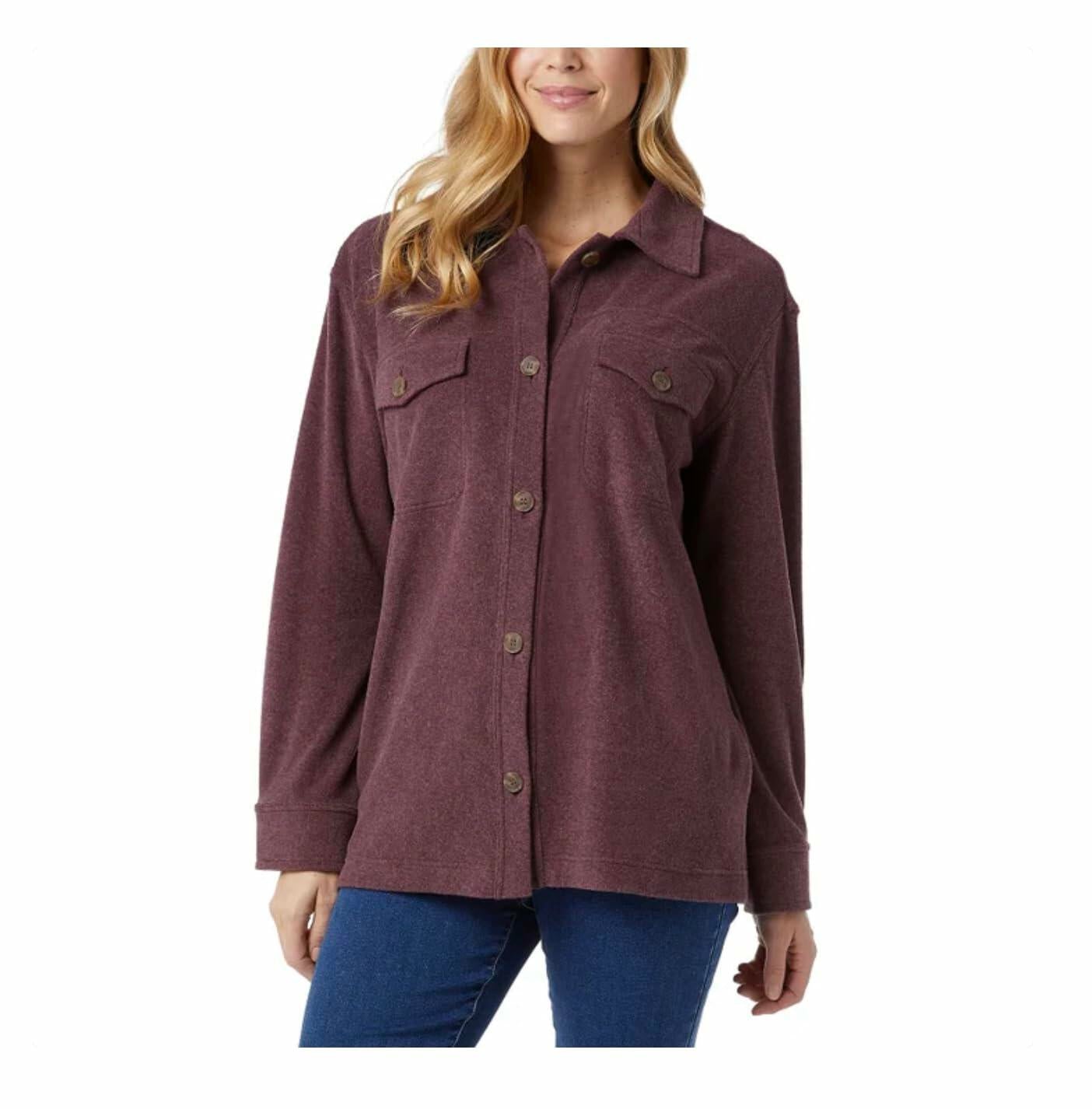 32 Degrees Heat Women's Relaxed Fit Long Sleeve Button-Up Shirt (US, Alpha, X-Large, Regular, Regular, Eggplant (Purple))
