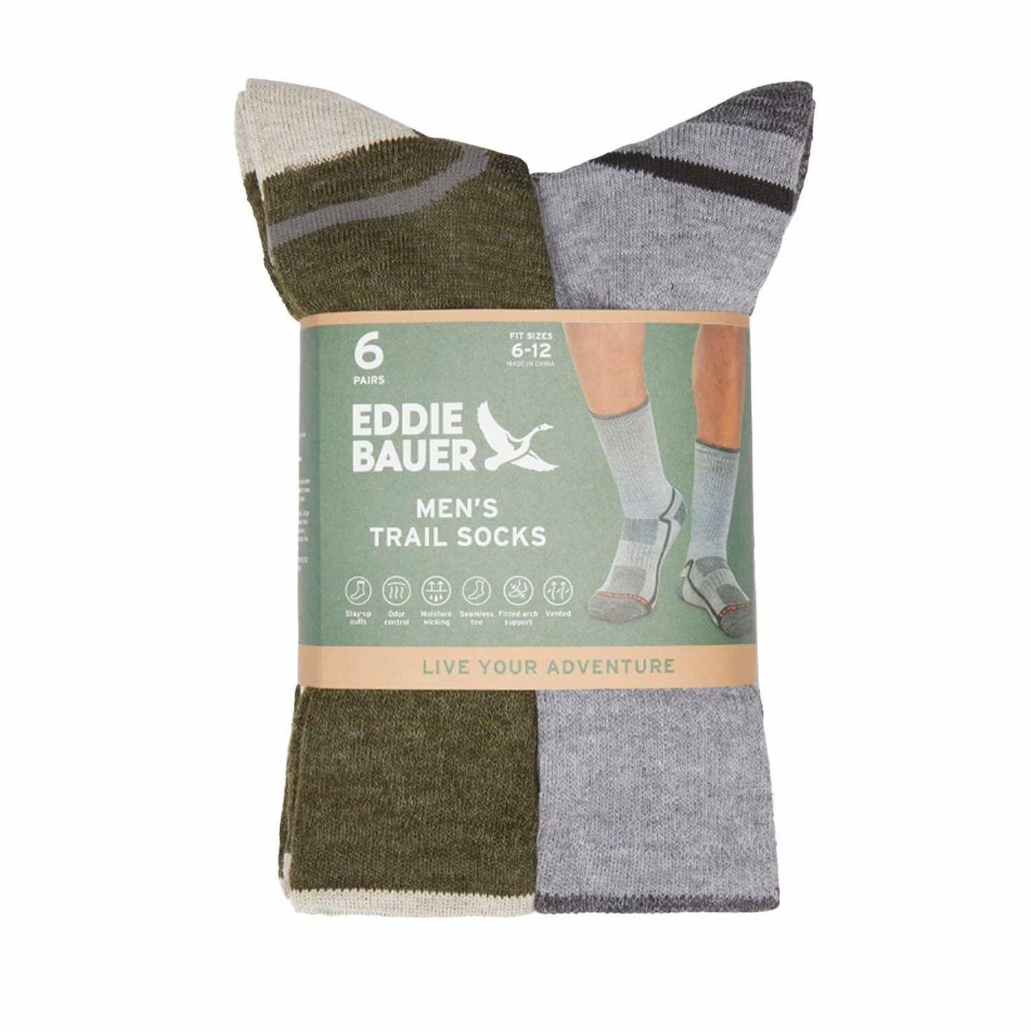 Eddie Bauer Men's Trail Socks - 6-Pack (Black/Grey/Green, 6-12)