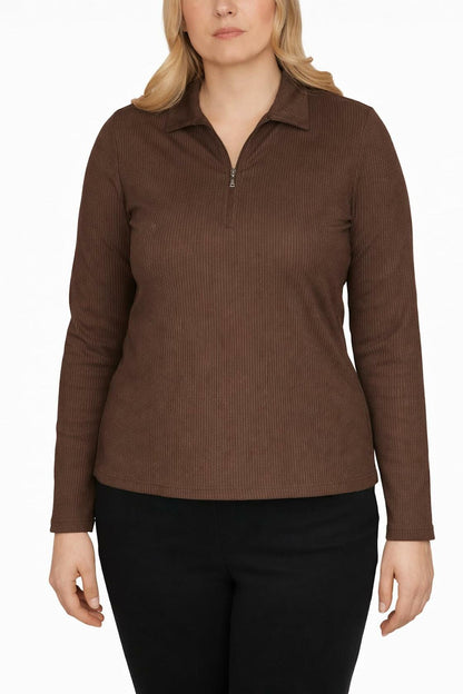 Greg Norman Women's Long Sleeve Ribbed 1/4 Zip Top (US, Alpha, X-Large, Regular, Regular, Brown)