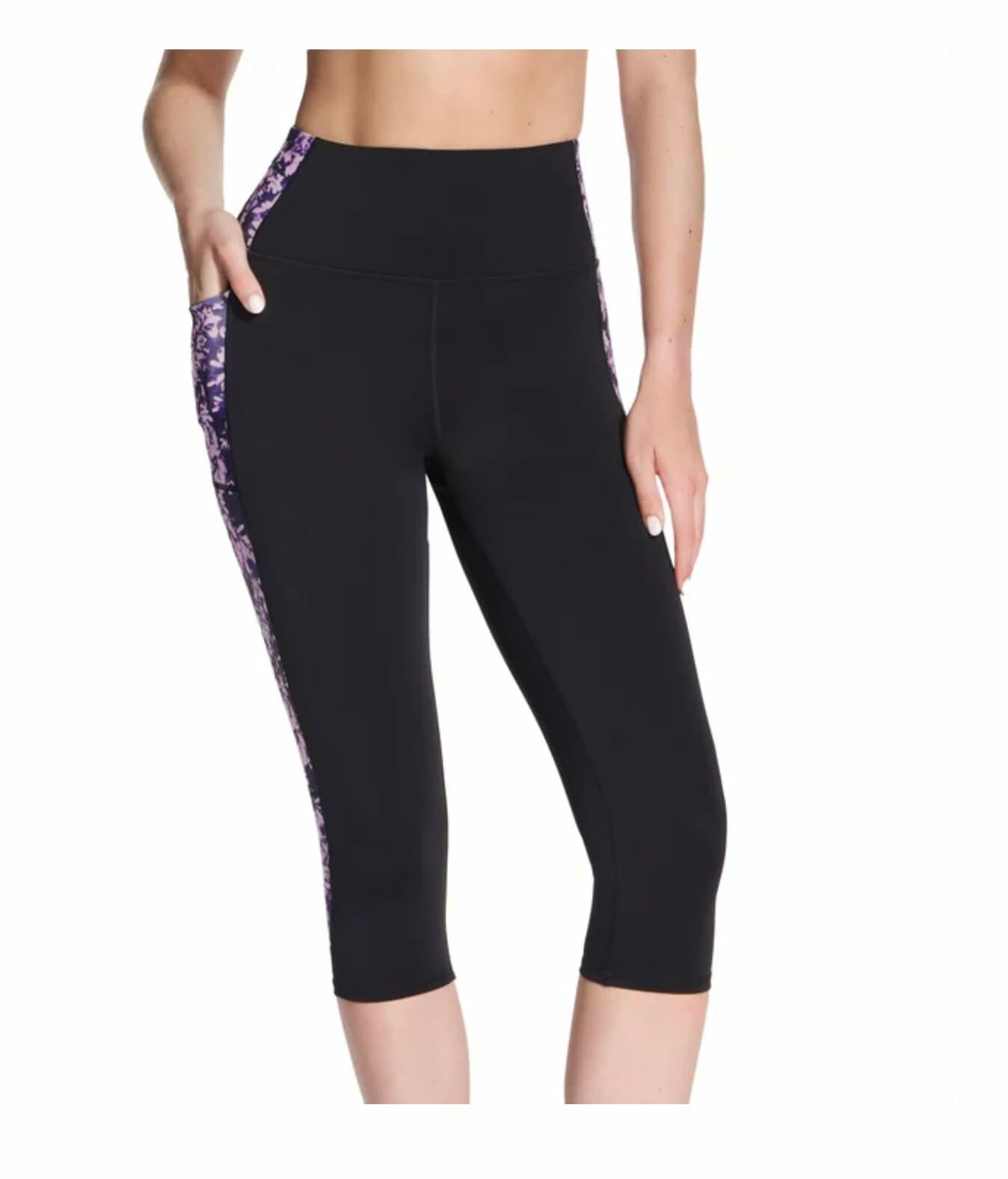 Skechers Gowalk Women's Active Stretch Moisture Wicking Capri Legging Pant with Pockets (US, Alpha, Large, Regular, Regular, Multi (Black with Purple Floral))