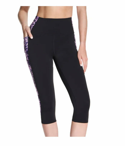 Skechers Gowalk Women's Active Stretch Moisture Wicking Capri Legging Pant with Pockets (US, Alpha, Large, Regular, Regular, Multi (Black with Purple Floral))