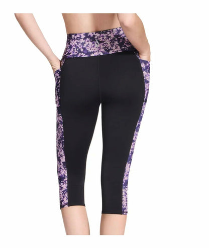 Skechers Gowalk Women's Active Stretch Moisture Wicking Capri Legging Pant with Pockets (US, Alpha, Large, Regular, Regular, Multi (Black with Purple Floral))