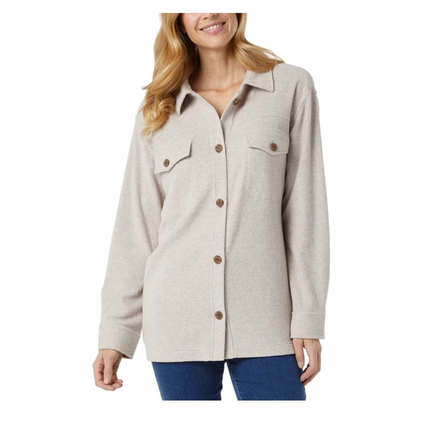 32 Degrees Heat Women's Relaxed Fit Long Sleeve Button-Up Shirt (US, Alpha, XX-Large, Regular, Regular, Heather Quinoa (Tan))